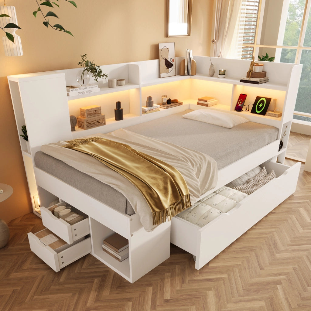 Letto per bambini 90x200 cm con materasso; LED; USB e Type-C; cassetti e ripiani; legno bianco