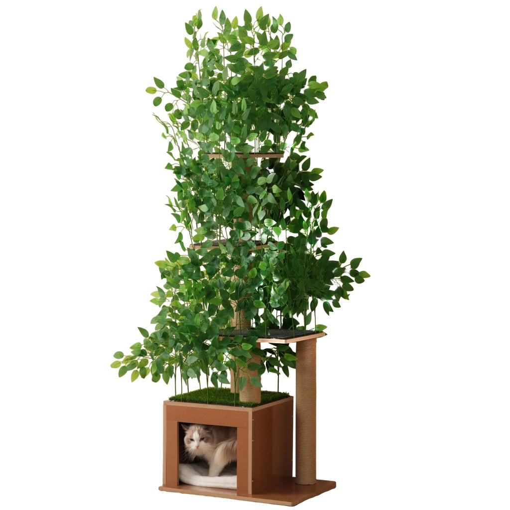 Albero tiragraffi per gatti alto 190 cm con 4 piattaforme; cuccia e foglie removibili; verde