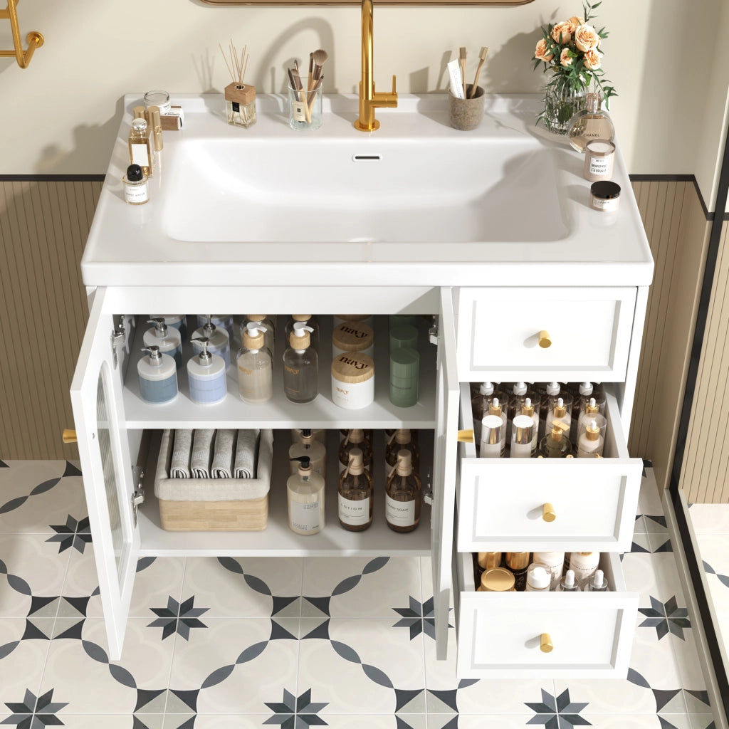 Mobiletto con lavabo sospeso in MDF bianco con 2 cassetti anta in vetro ondulato e ripiani regolabili