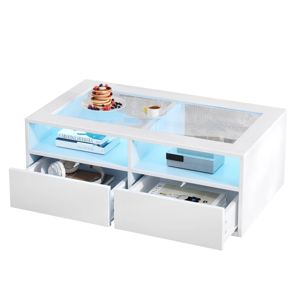 Tavolino da caffè bianco 100 x 50 x 35 cm con LED; 2 cassetti; piano in vetro temperato