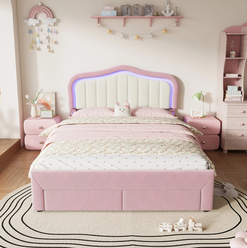 Letto imbottito per bambini 140x200 cm in velluto rosa con 2 cassetti e LED controllati via app HOMVRA