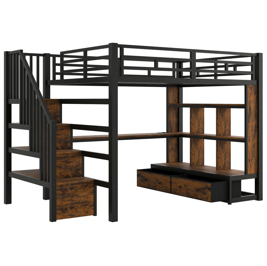 Letto a soppalco in metallo 140x200 cm con scrivania, scaffali, due cassetti integrati e scala con contenitore, colore nero