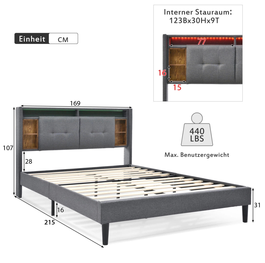 Letto matrimoniale imbottito ULEVR 160x200 cm con testiera contenitore, LED, 2 USB e 2 prese, grigio