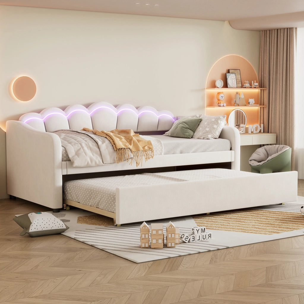 OKWISH Letto a Divano 90×200 cm, Letto Singolo con Letto Estraibile, LED Regolabile e Telecomando, senza Materasso, Velluto, Beige