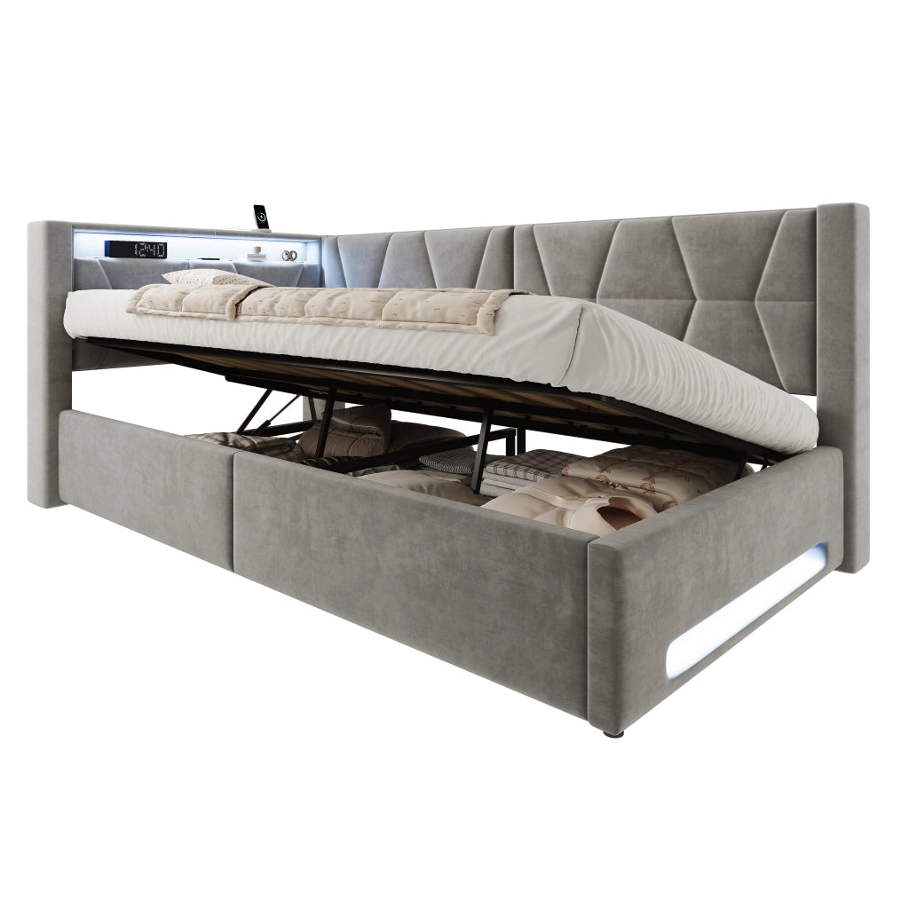 Letto singolo con contenitore 90 × 200 cm imbottito in velluto con LED USB Type-C e rete a doghe inclusa