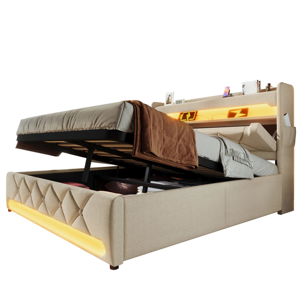 Letto Contenitore Matrimoniale Imbottito 140x200 cm con Sollevamento Idraulico; LED; USB; USB-C; Beige
