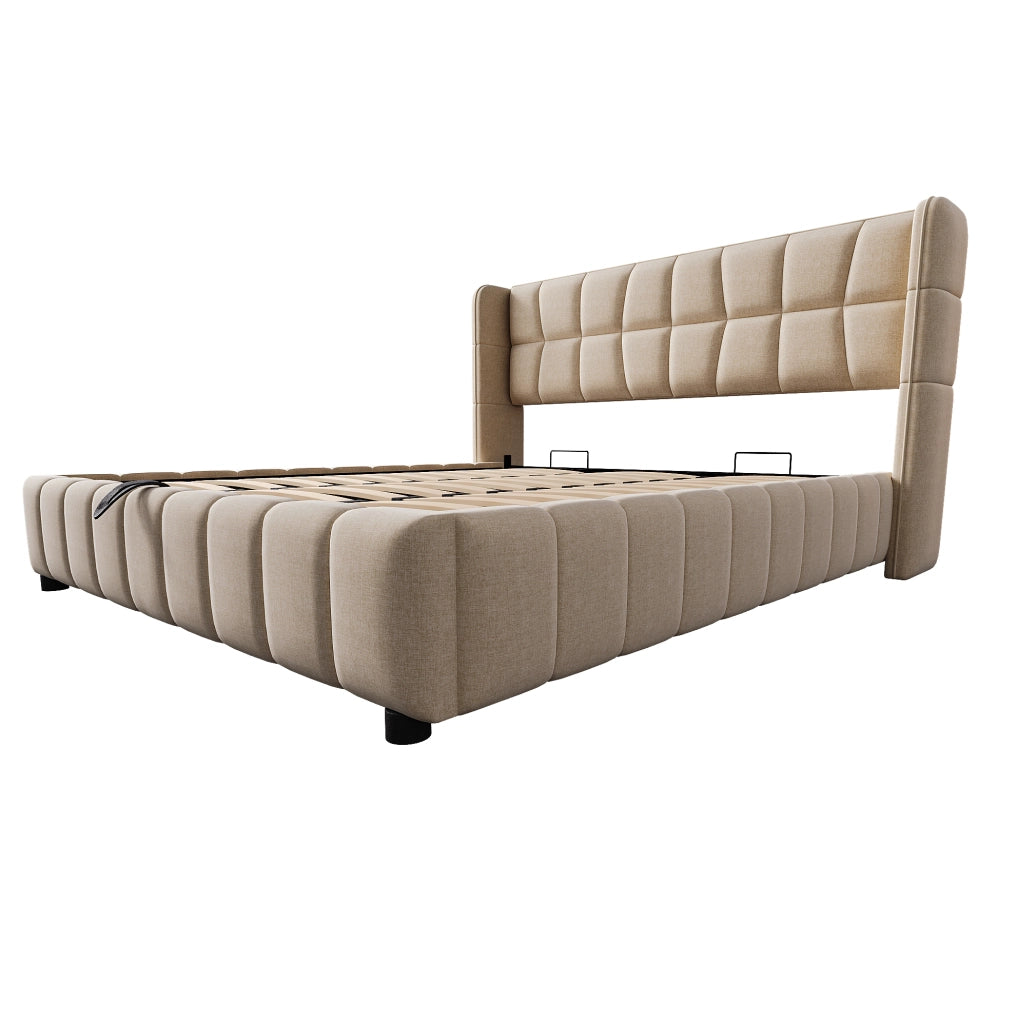 Letto imbottito 180x200 cm con rete a doghe, struttura in metallo e sistema contenitore pneumatico beige