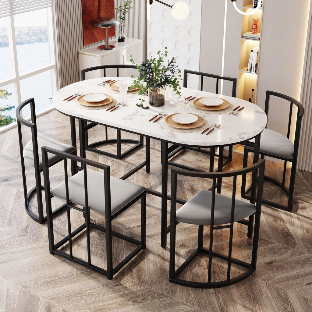 Set da pranzo 6 posti: tavolo bianco, 6 sedie con schienale e cuscini grigi, struttura in ferro nero. Design moderno.