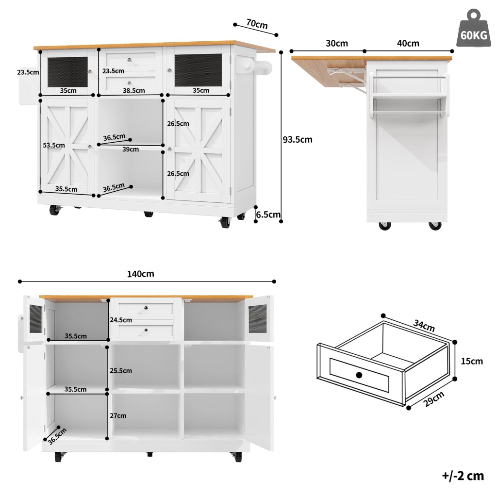 Credenza bianca girevole a 360 gradi; allungabile da 138 a 204 cm; in MDF con ante in vetro temperato