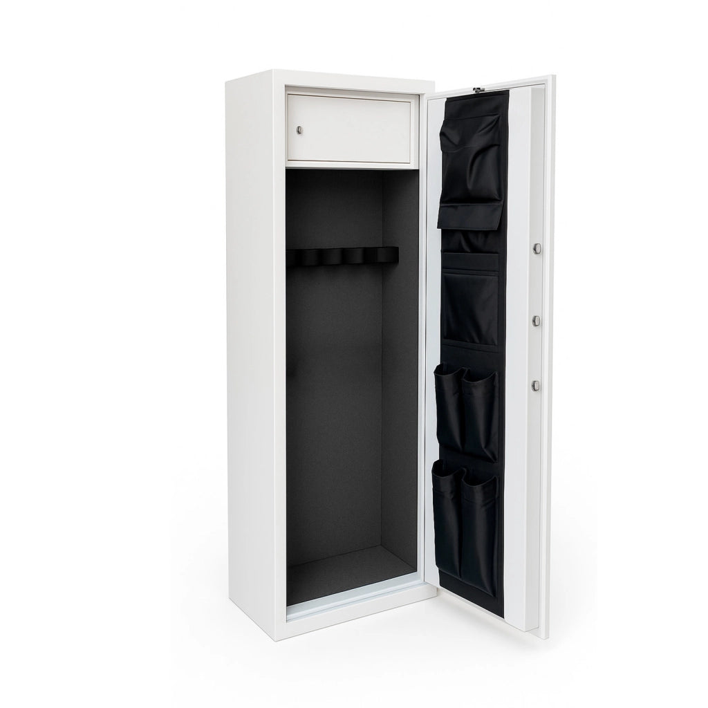 Armadio Portafucili Per Armi Blindato In Acciaio Con Chiave E Serratura Digitale Cassaforte Sicura Tesoretto Tasca Porta Oggetti Florida 5 Posti 148x34x28 Cm Bianco Frassinato