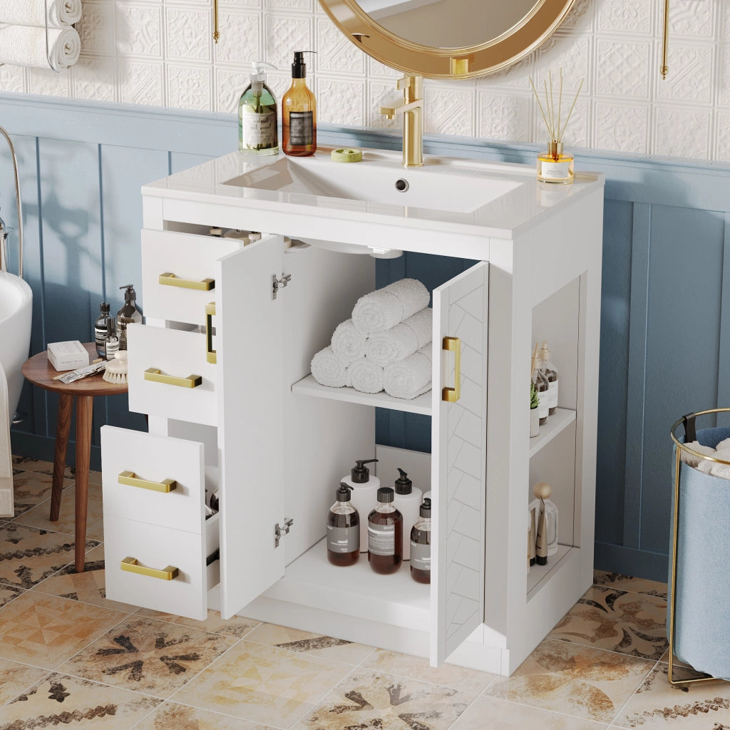 Mobiletto con lavabo in ceramica con 3 cassetti; 2 ante e ripiani laterali aperti bianco 76.5 × 46.5 × 84.5 cm