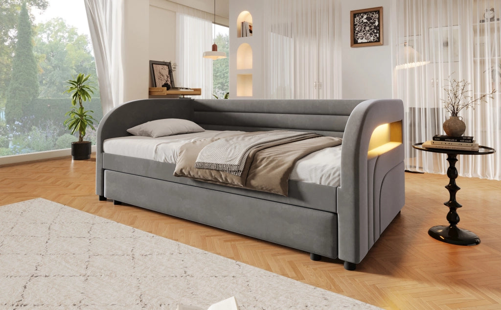 Letto Contenitore Imbottito 90x200 cm con Letto Estraibile; LED; Grigio