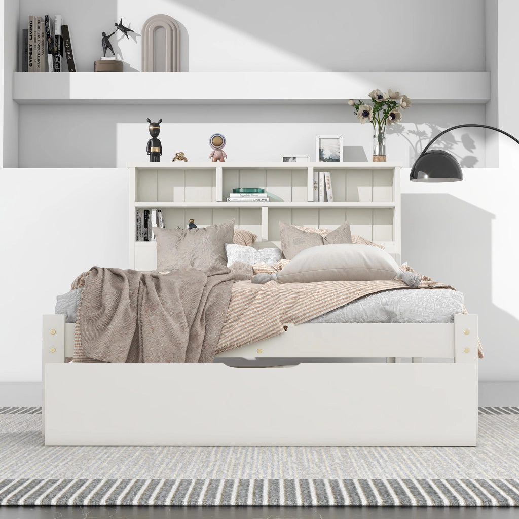 Letto singolo in legno massiccio con 2 cassetti e testiera a libreria, 90x200 cm, bianco