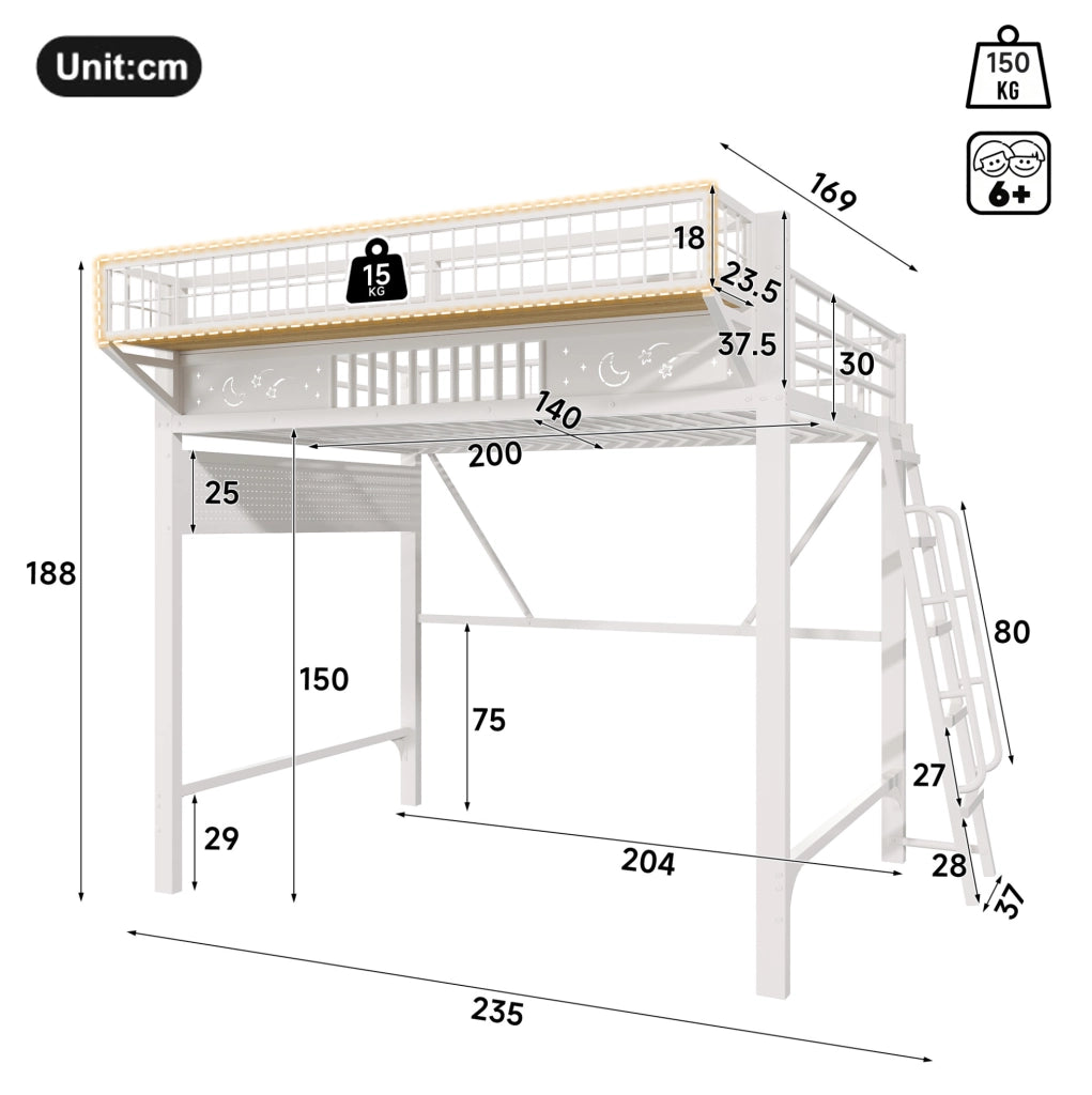 Letto a soppalco 140x200 cm in metallo bianco con vani portaoggetti HOMVRA