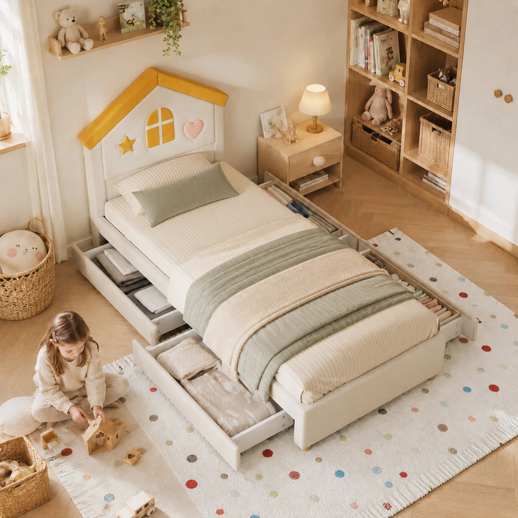 Letto per bambini imbottito 90 × 200 cm con 4 cassetti in velluto beige testiera a casetta rete a doghe
