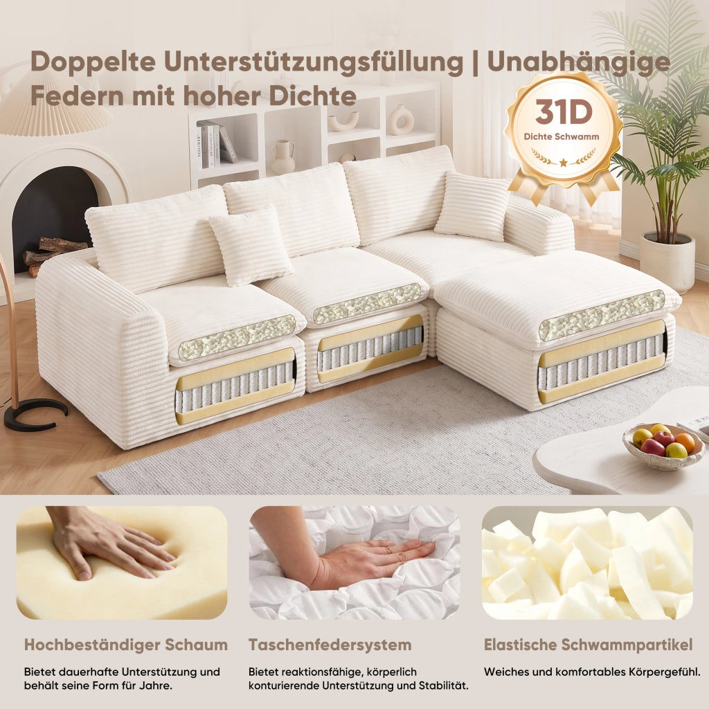 Divano modulare angolare con convertibile 3-in-1, funzione letto in schiuma e molle beige
