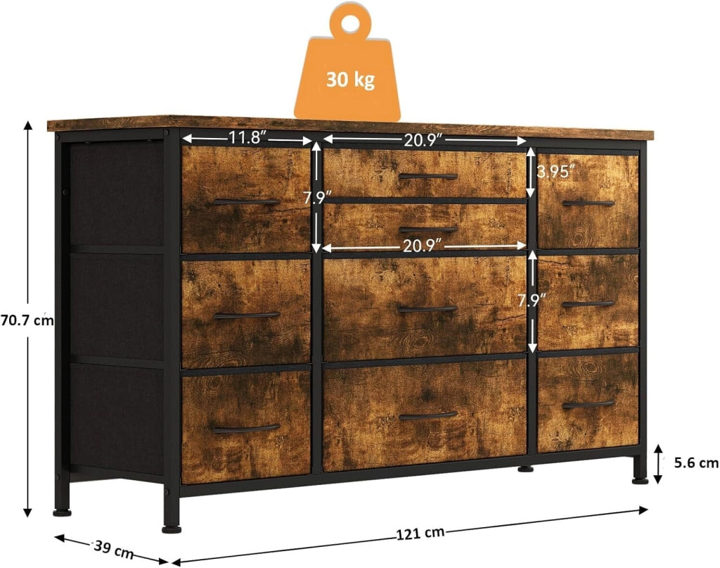 Cassettiera 10 Cassetti in Tessuto Mobile Porta TV con Prese e Porte USB per Camera e Salotto 121x39x70cm Marrone