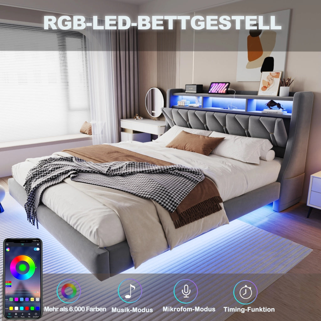 DESMIU Letto imbottito 180 × 200 cm 2 posti con USB, Type-C, LED e vani portaoggetti, senza materasso, grigio