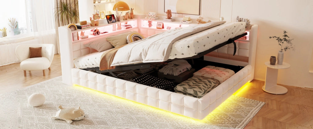 Divano letto imbottito ULEVR 140x200 cm con vano idraulico, LED, presa USB e Type-C, velluto beige