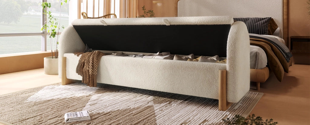 Panca Contenitore Bianca 186x47x61 cm con Rivestimento in Tessuto Chenille Bouclé e Gambe a U in Legno di Gommifero