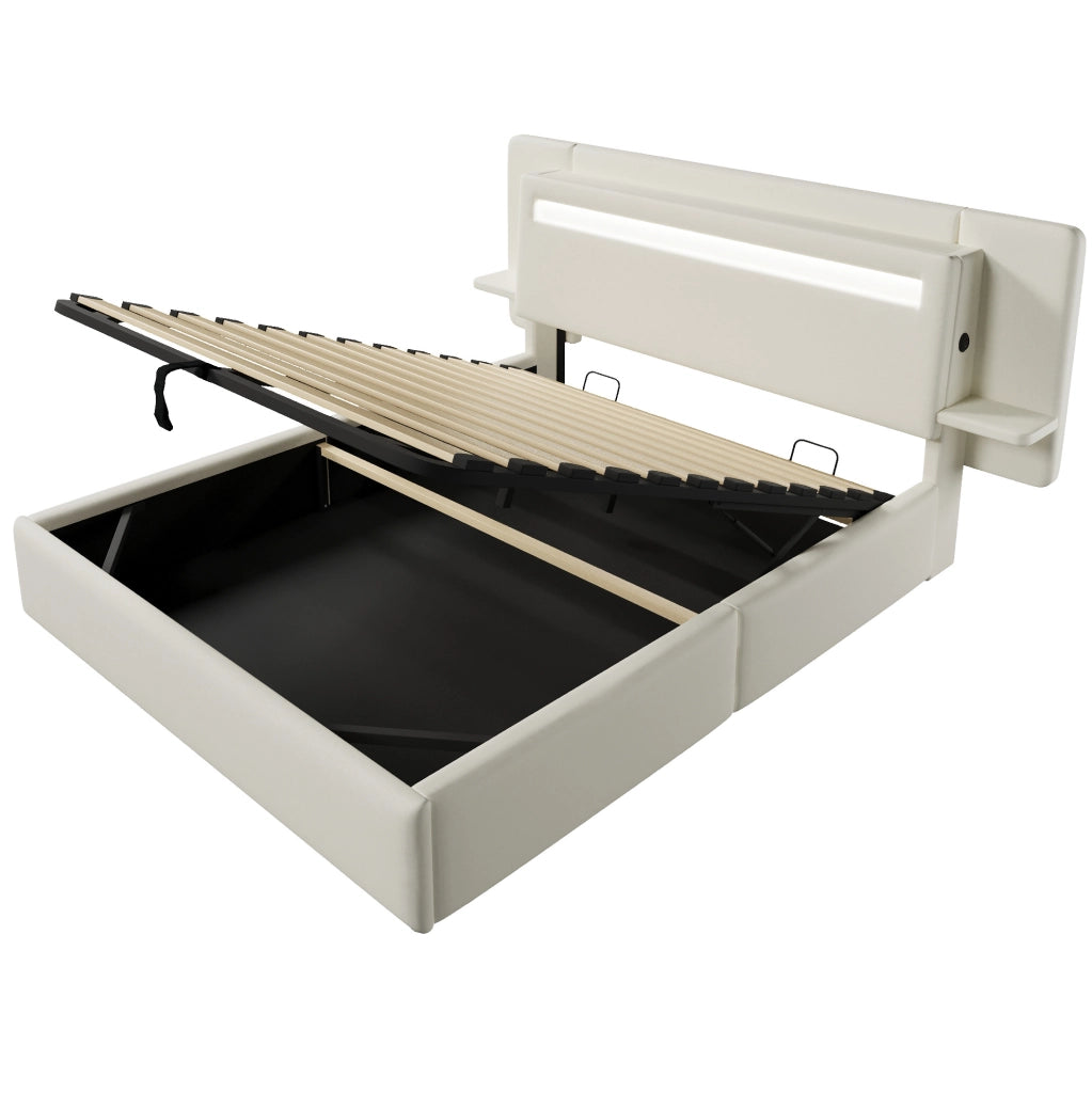Letto imbottito 140 x 200 cm con contenitore idraulico, comodino integrato e luce LED multicolore beige