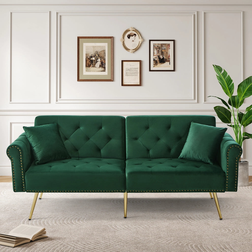 Divano letto 2 posti 173 x 75 x 70 cm con schienali regolabili; velluto; verde antico