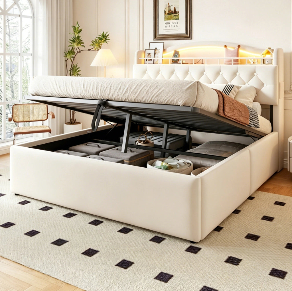 Letto matrimoniale contenitore 140x200 cm in velluto beige con LED; USB e USB-C HOMVRA