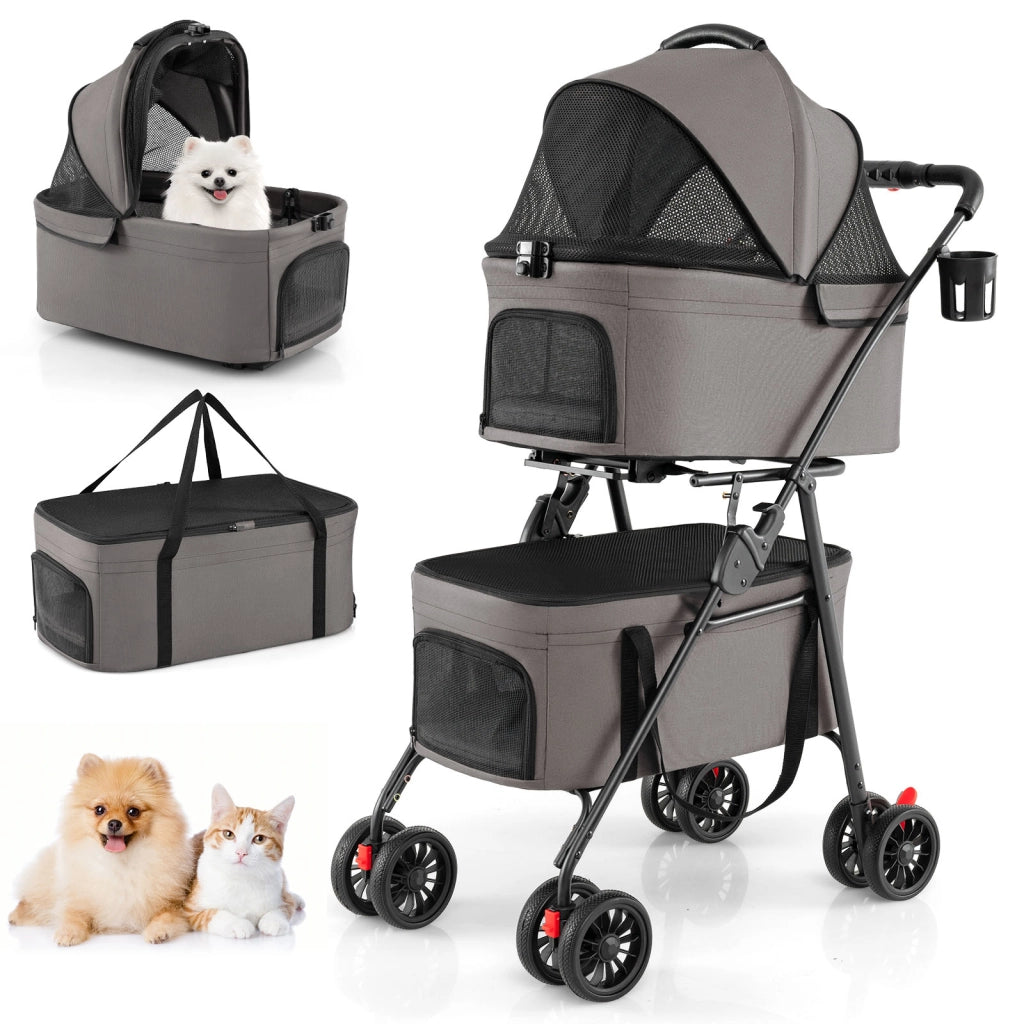 Passeggino doppio 3 in 1 per animali con 2 portapets staccabili e seggiolini auto, Passeggino viaggio per cani gatti con 4 ruote bloccabili Grigio ?