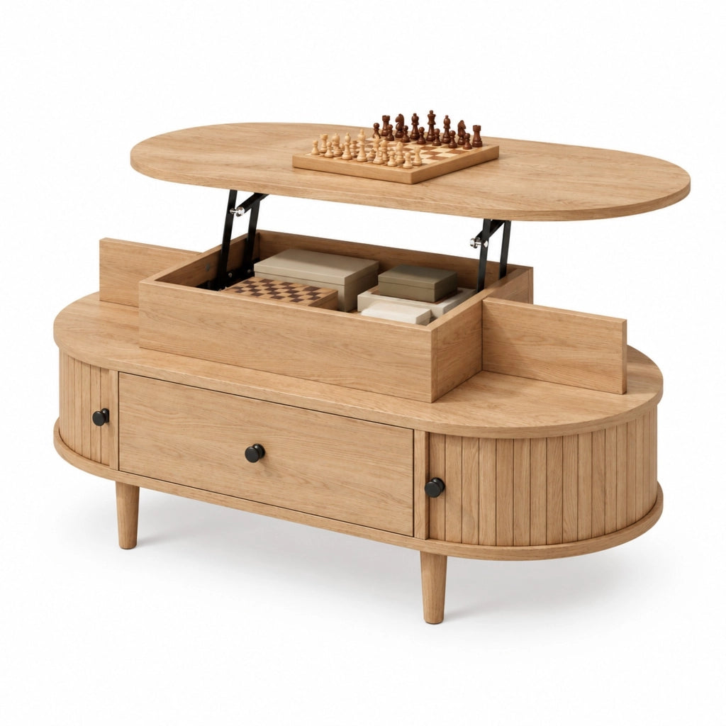 Tavolino da salotto ovale con piano sollevabile 105x50 cm; cassetto e ante scorrevoli naturale HOMVRA