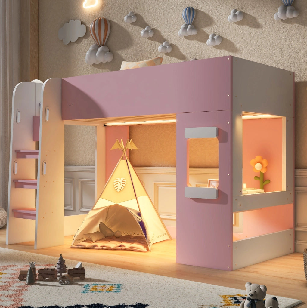 Letto a soppalco 90x200 cm con scrivania e LED in MDF e compensato rosa
