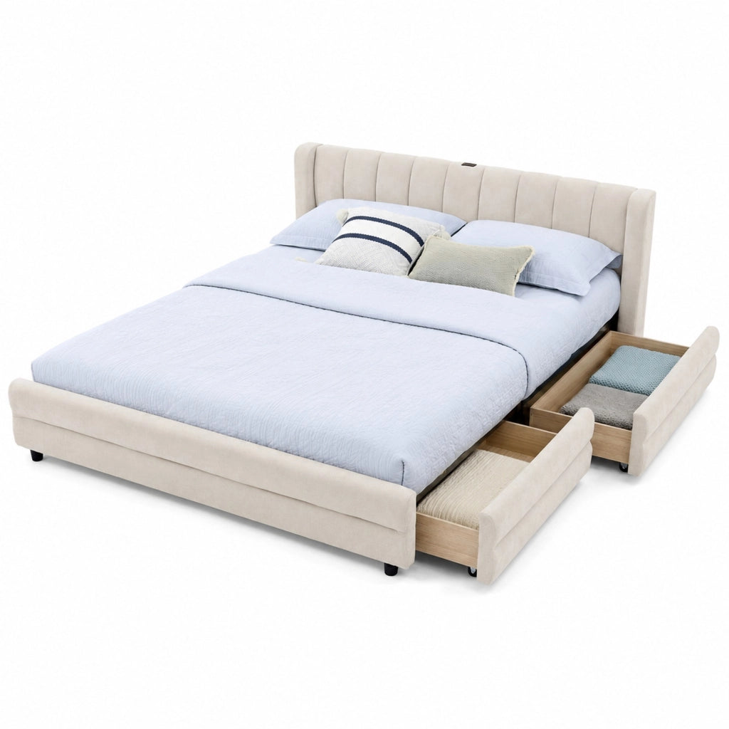 Letto 140x200 cm con 4 cassetti laterali, USB e USB-C in ciniglia beige