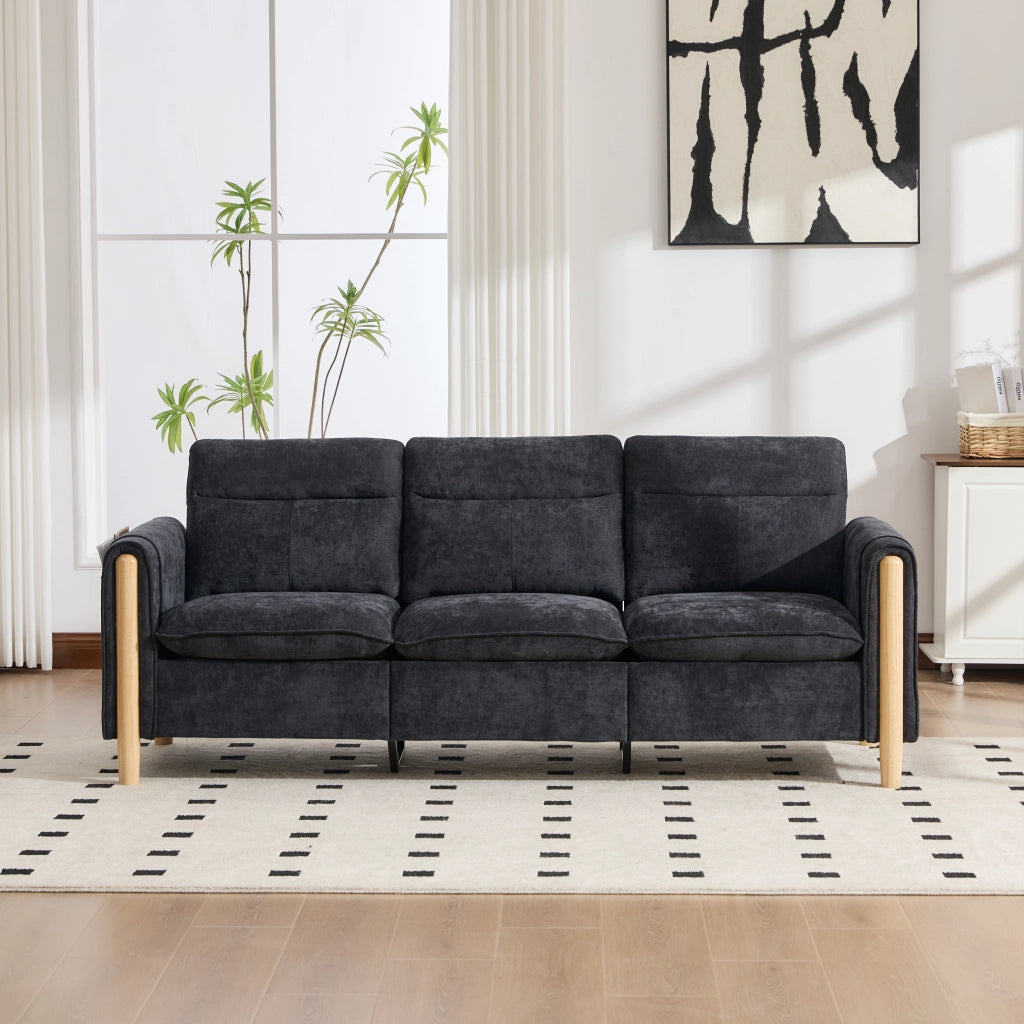 Divano angolare a 3 posti in chenille nero con pouf contenitore e chaise longue reversibile 201 × 77 × 86 cm