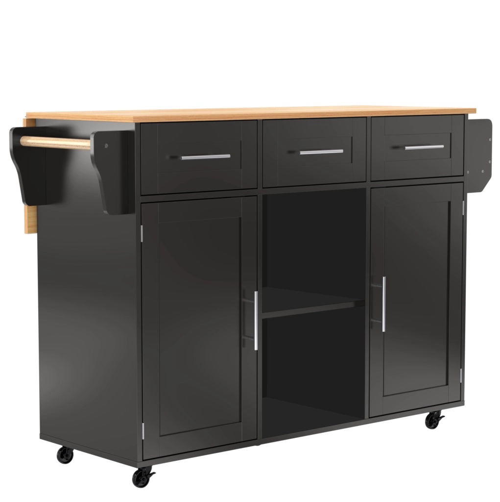 Carrello da cucina 139 x 46 x 91,5 cm nero effetto legno, piano ribaltabile, ruote