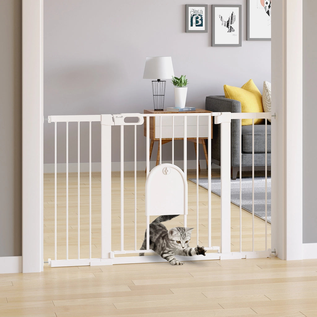 Cancelletto di sicurezza estensibile 75-131 cm con porticina per animali chiusura automatica bianco ABS 76 cm