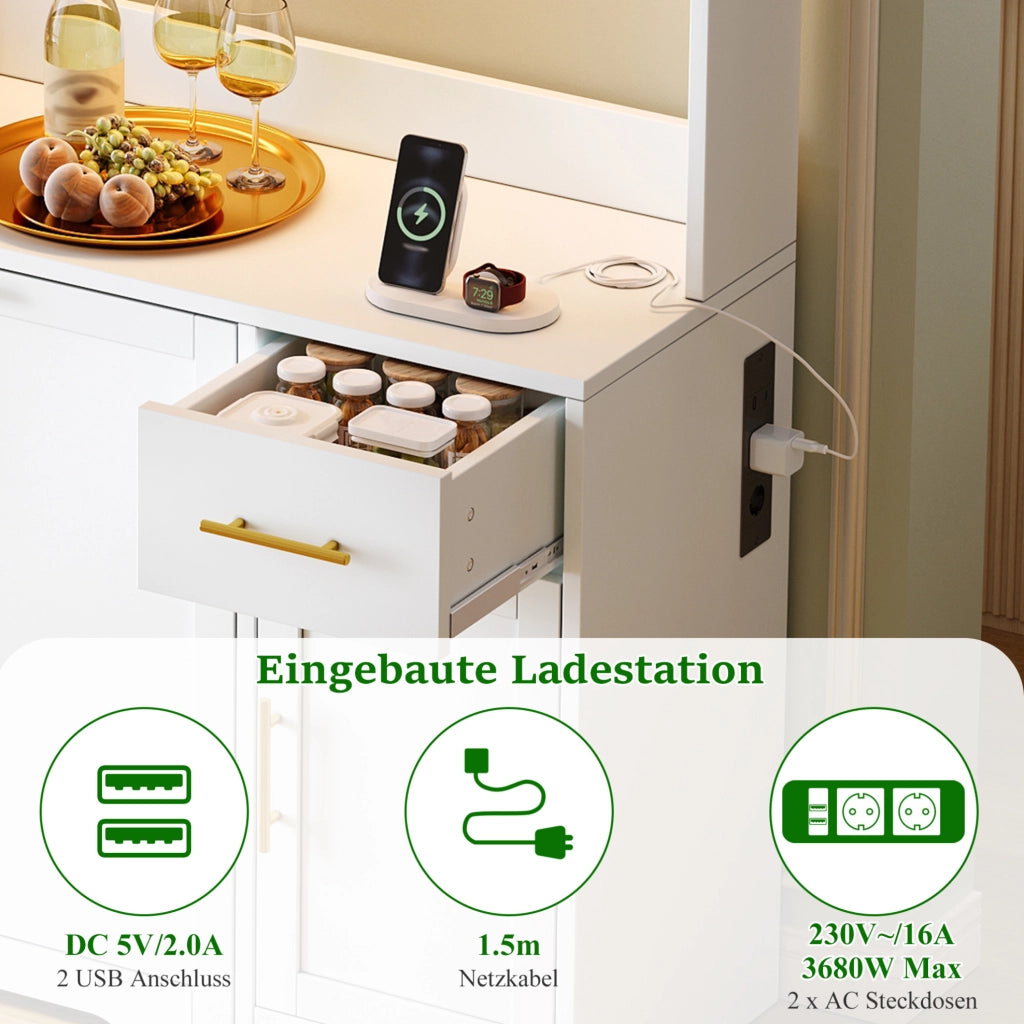 Credenza cucina multifunzionale 140x40x173 cm in MDF bianco con LED RGB e prese