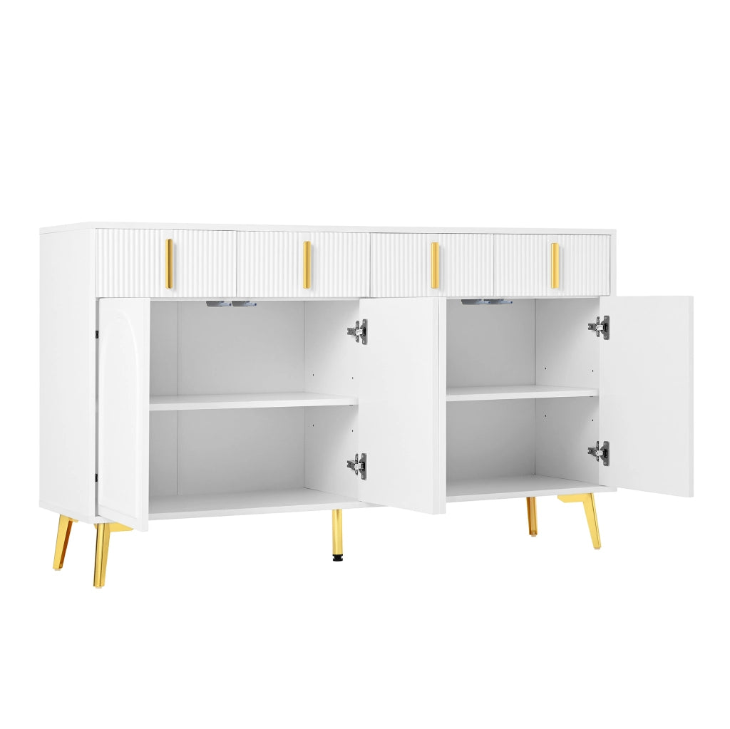 Credenza 140 cm con 4 ante; 4 cassetti e ripiani regolabili; MDF bianco con dettagli dorati