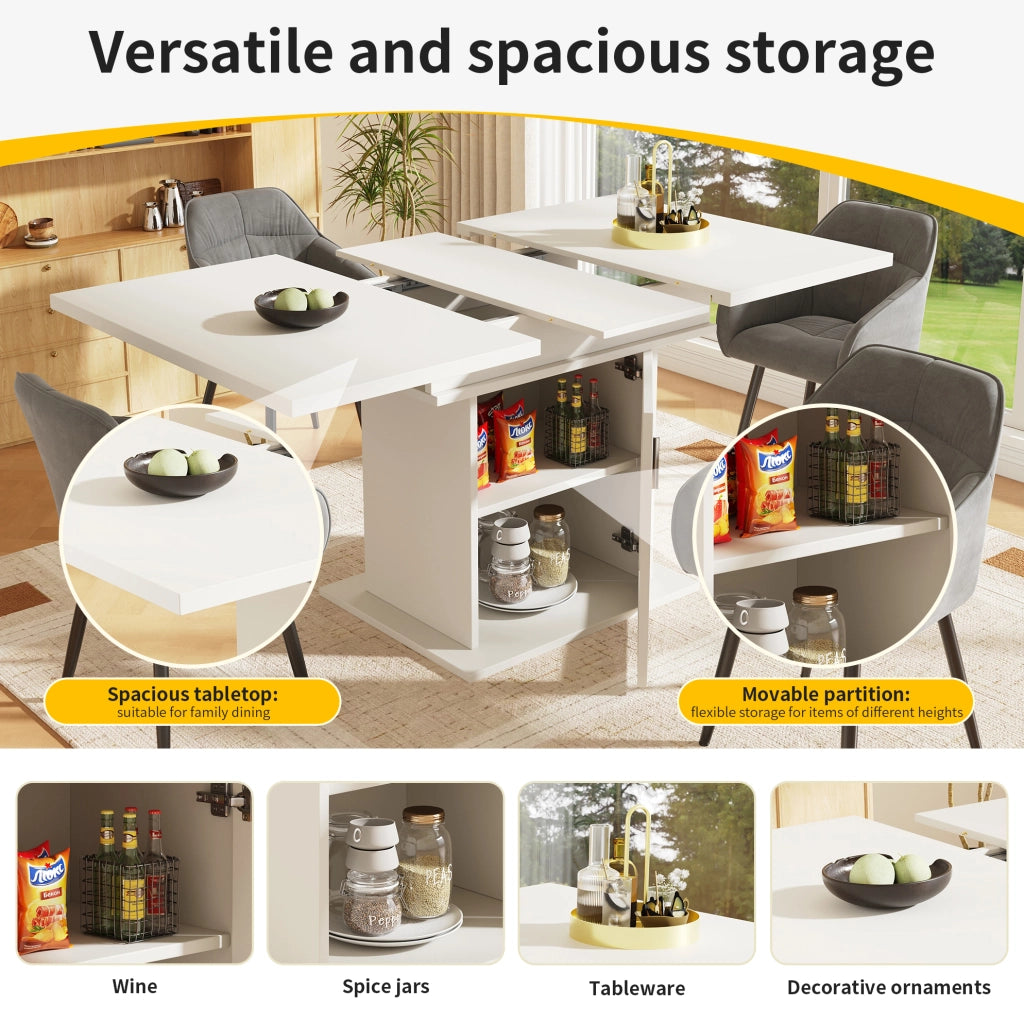 Tavolo da pranzo allungabile 110-140x80 cm con 3 ripiani e ante in vetro; bianco