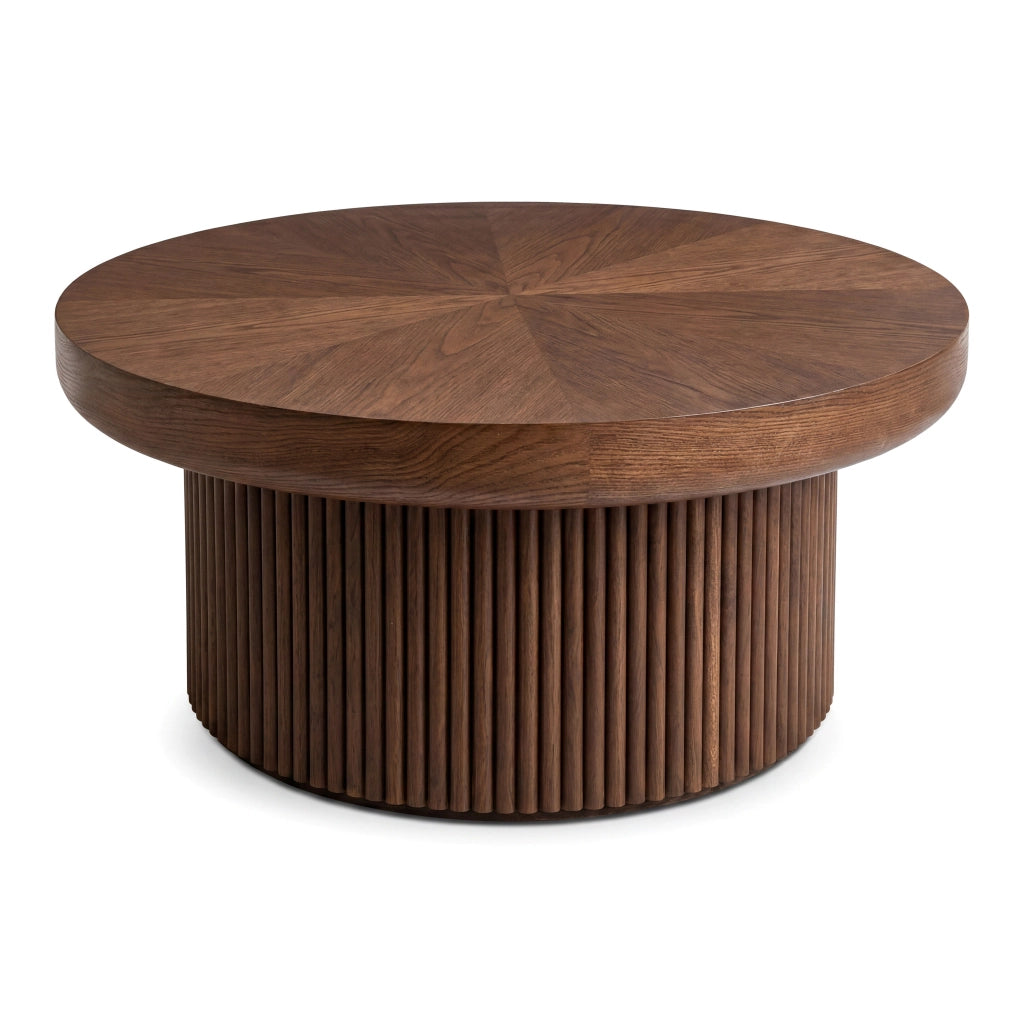 Desviae Tavolino basso rotondo con piano a motivo parquet in legno base cilindrica scanalata finitura noce 78 cm