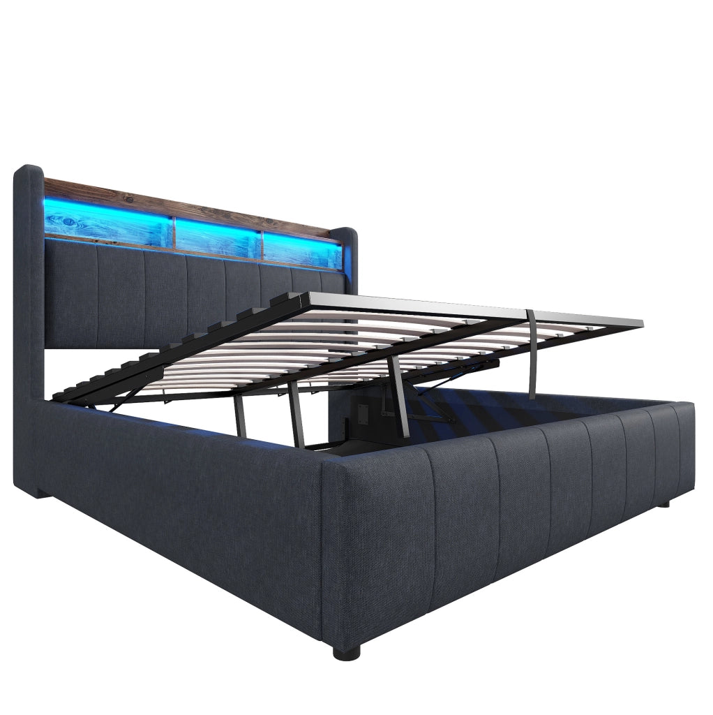 Polsterbett 140x200 cm con LED; USB e Type-C; contenitore idraulico; grigio