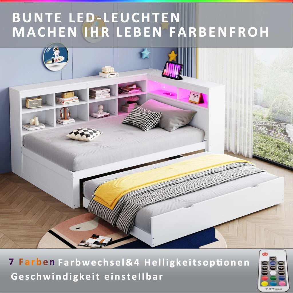 Letto singolo 90×200 cm con letto estraibile; USB; LED e ripiani; senza materasso; legno; bianco