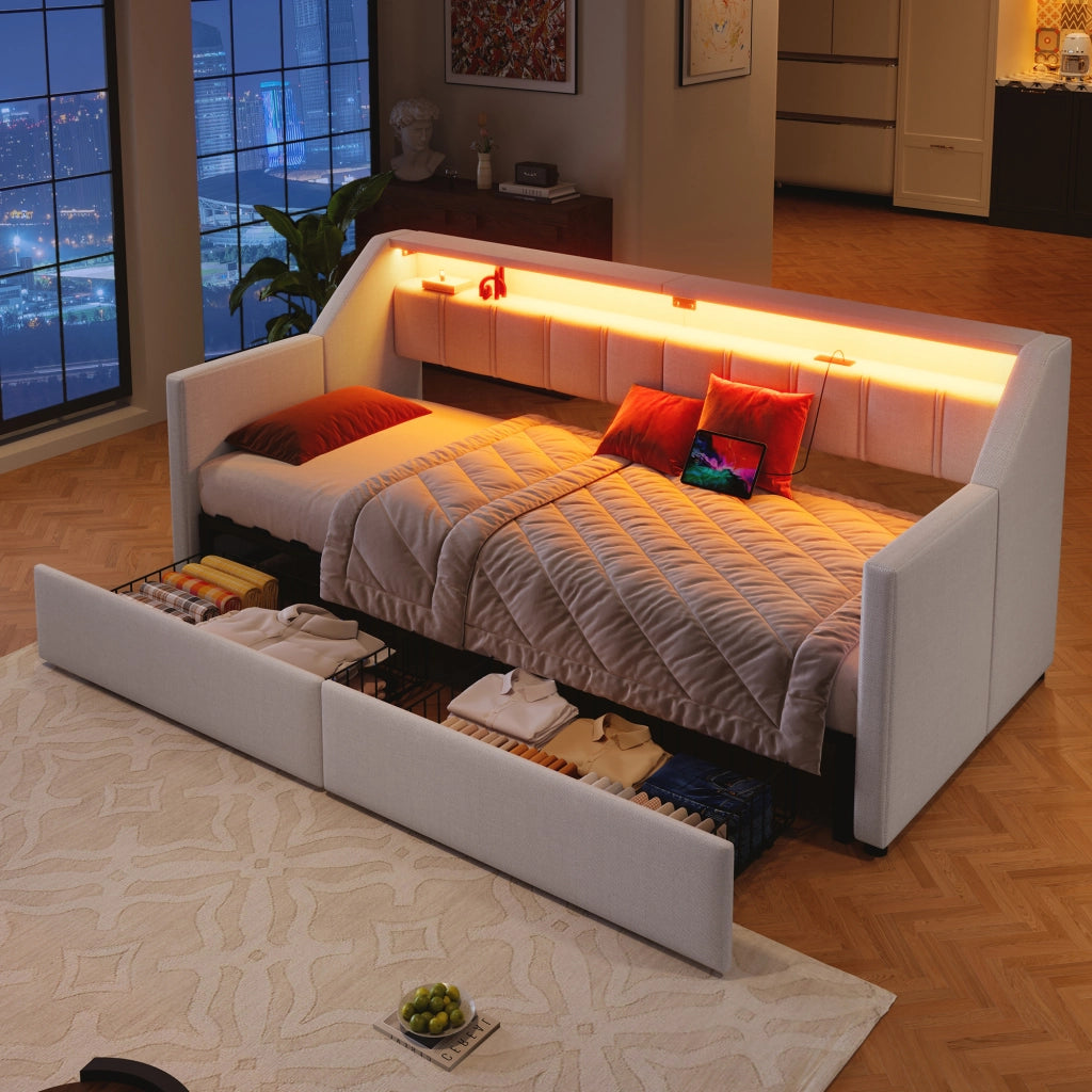 OKWISH Letto a Scomparsa 90×200 cm, Letto Singolo con USB, Tipo C, LED Regolabile, 2 Cassetti e Tasche Contenitore, senza Materasso, Beige