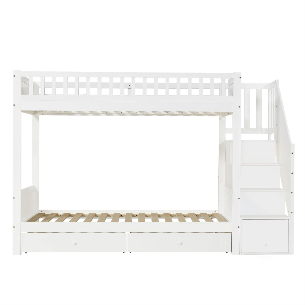 Letto a castello per bambini 90×200 cm 2 posti con scala contenitore, 2 cassetti e barriere, senza materasso, bianco