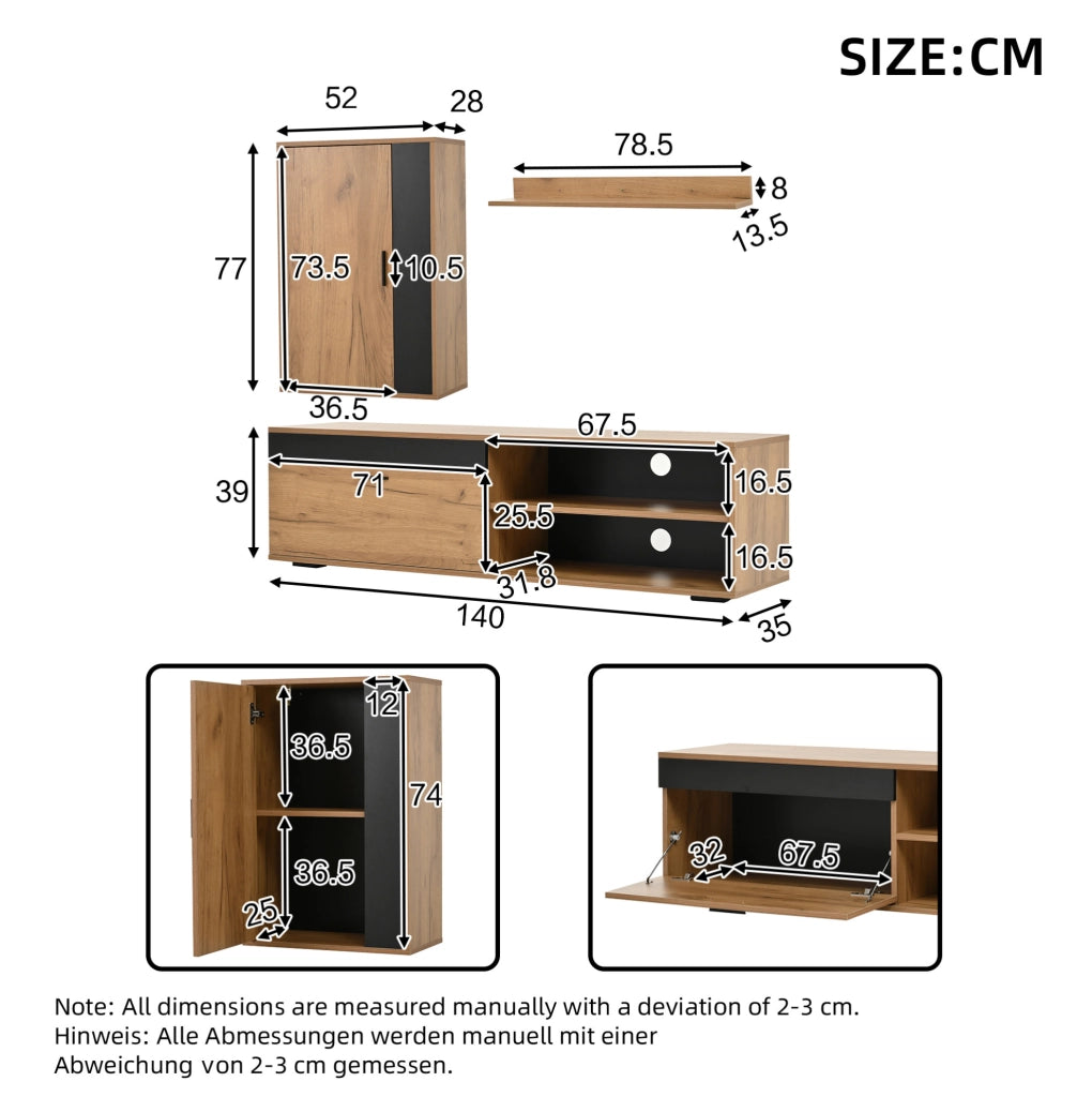 Set mobili soggiorno TV 140x35x39 cm con mobile TV, armadietto da parete e mensola, design moderno in truciolato legno e nero