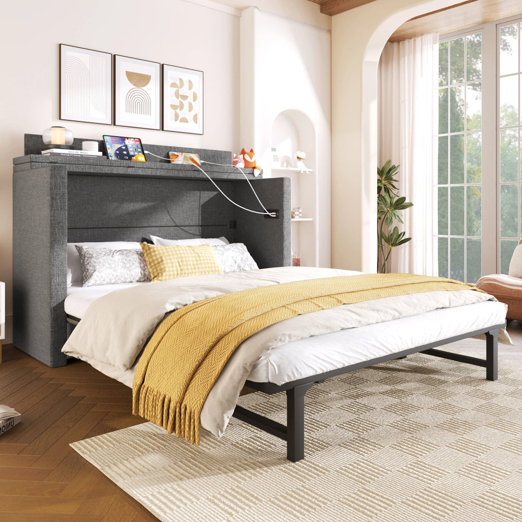 Letto a Scomparsa 140x200 cm in Lino con Cassetto; USB-C e Modulo Contenitore Mobile; Grigio