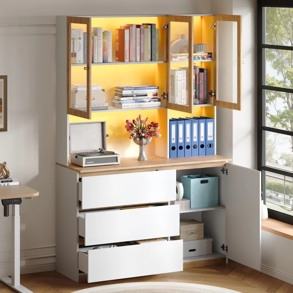 Vetrina alta multifunzione con LED, bianco e rovere