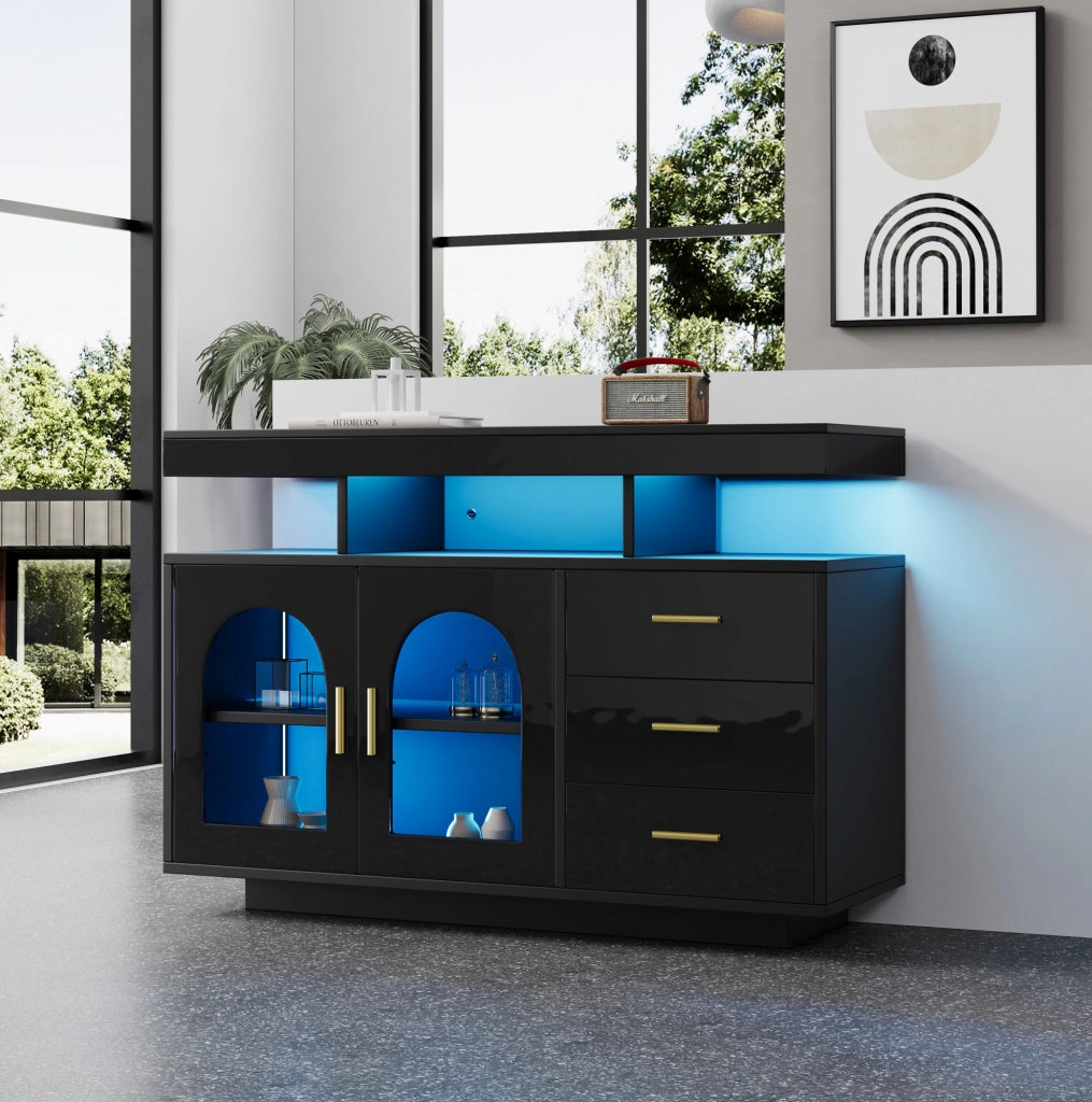 Madia buffet 120x40x80 cm con LED RGB; 3 cassetti e ante in acrilico nera HOMVRA