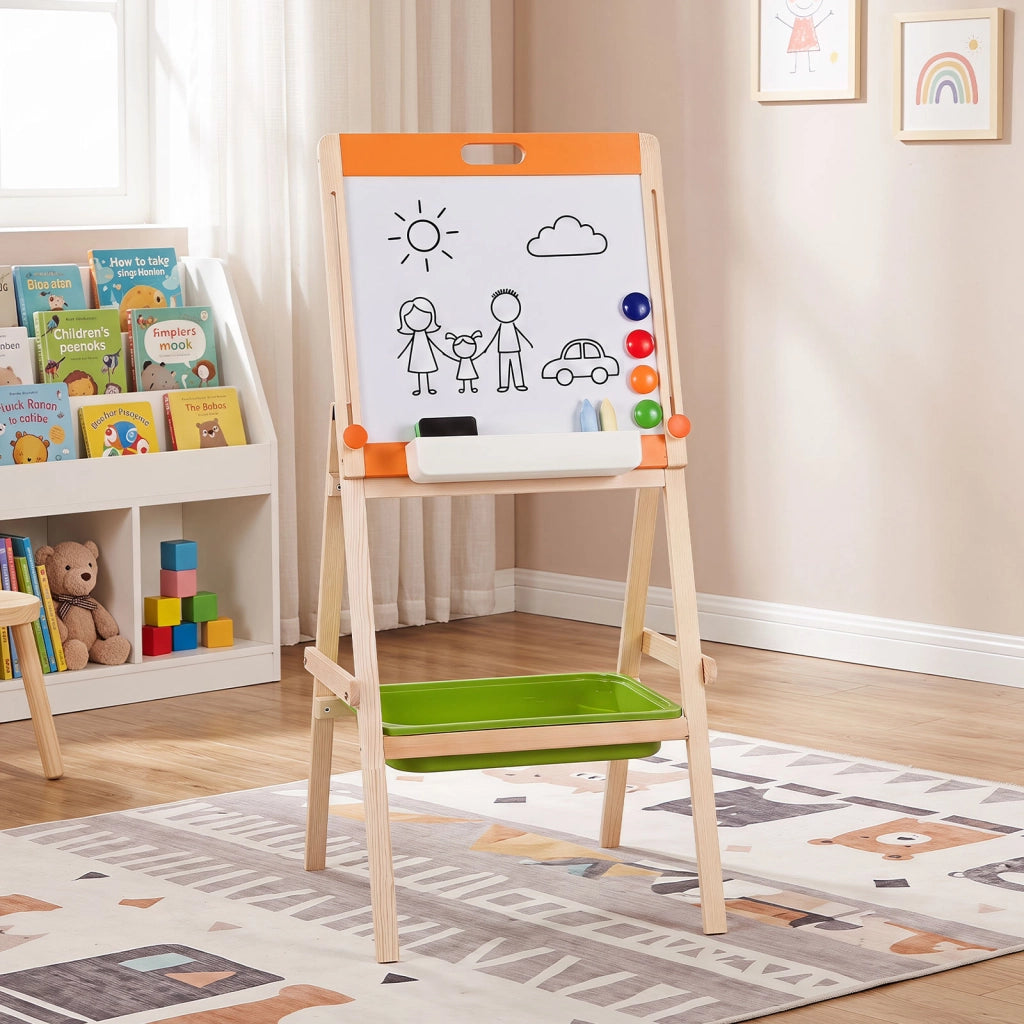 2 in 1 cavalletto da disegno per bambini 3+ anni a doppia faccia, Cavalletto artistico in legno con lavagna bianca magnetica altezza regolabile