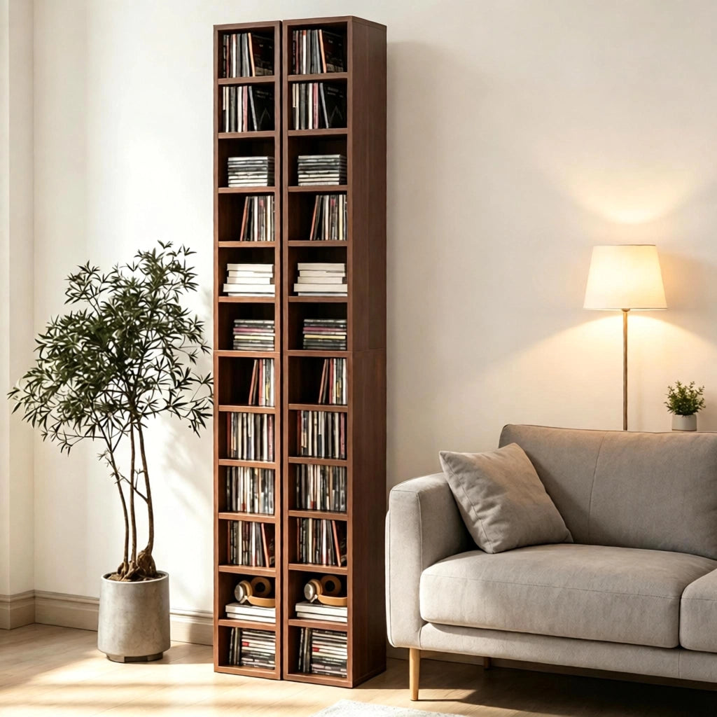 Scaffalatura porta CD a 12 livelli in MDF e truciolare marrone con sistema antiribaltamento 21 × 20 × 175 cm