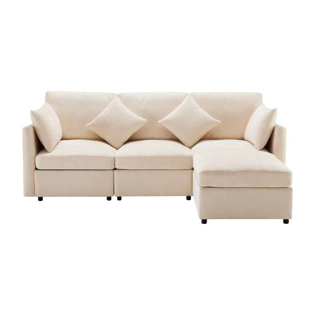 Divano angolare modulare 3 posti con pouf mobile e 4 cuscini, seduta profonda ergonomica in chenille beige