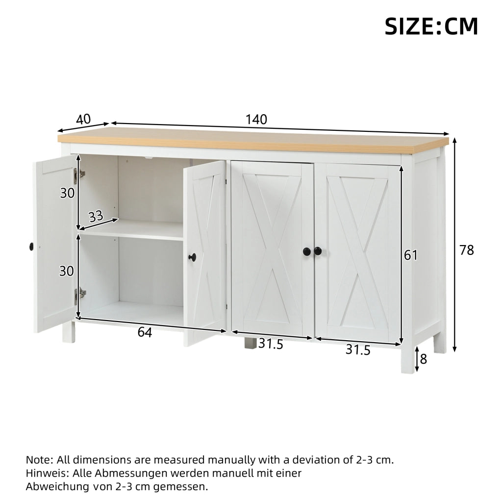 Credenza bianca 140x40x78 cm con 4 ante e 2 ripiani interni